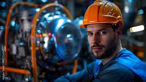 Diligent Worker in Hard Hat Operating Compressor in Factory Environment. Concept Factory Worker, Hard Hat, Compressor, Industrial Environment, Compressor Operation