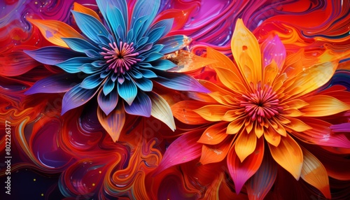 3D rendering of a colorful flower with a blue and orange gradient on a rainbow background
