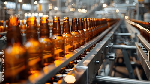 Beer bottles being transported on a conveyor belt in a brewery. Concept Beer bottling process  Conveyor belt system  Brewery equipment  Production line efficiency  Packaging automation