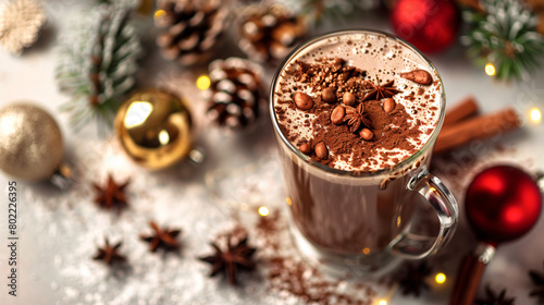Cup of hot cacao drink with Christmas decorations 