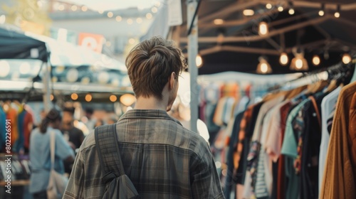 A woman walking through a bustling market filled with clothes on display, moving among the colorful garments and browsing the various stalls.