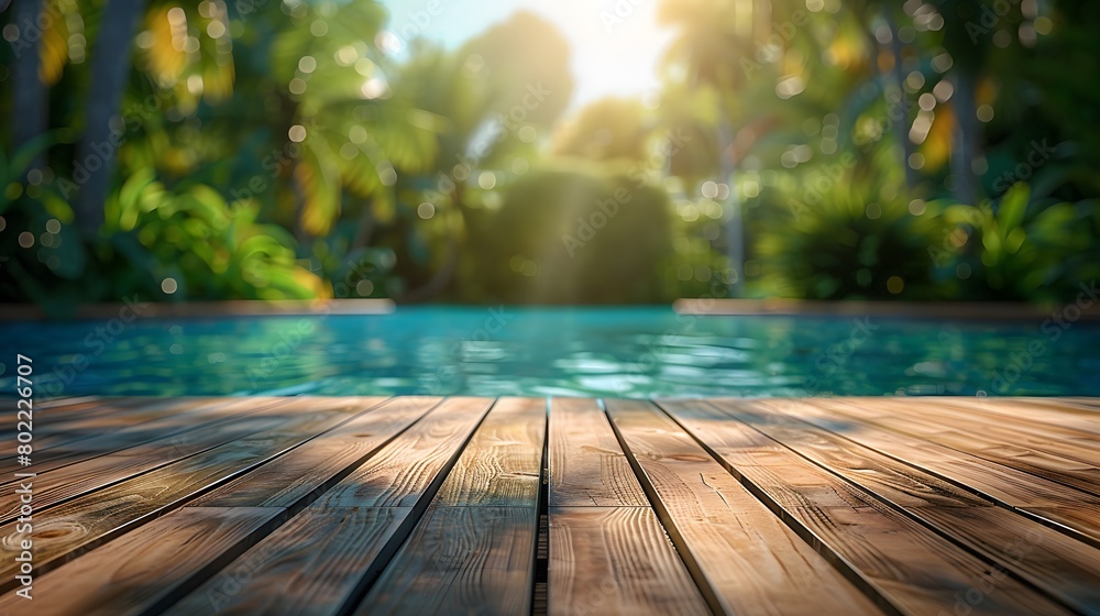 Wooden deck empty, with a shimmering swimming pool and tropical trees blurred in the background, bathed in sunlight.