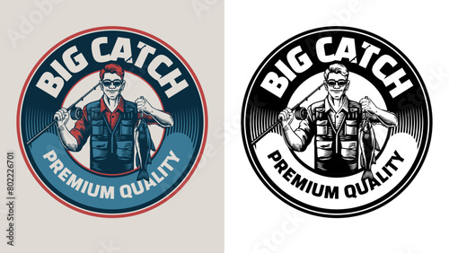 Happy Fisherman Badge Design Logo with Big Catfish