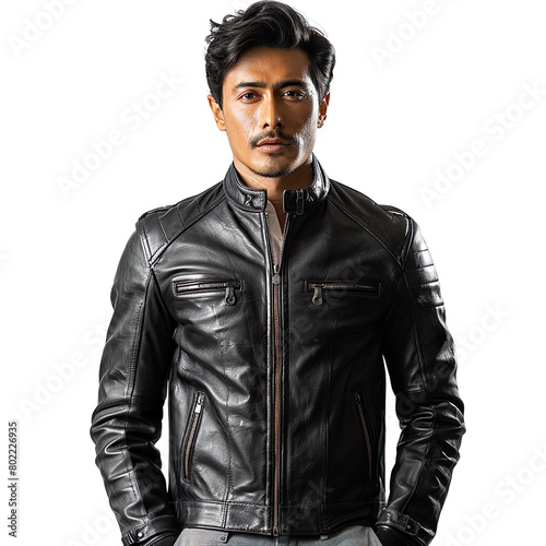 Front view mid shot of an incredibly stylish Indian male model donning a sleek black leather jacket and fitted gray trousers, isolated on a white transparent background