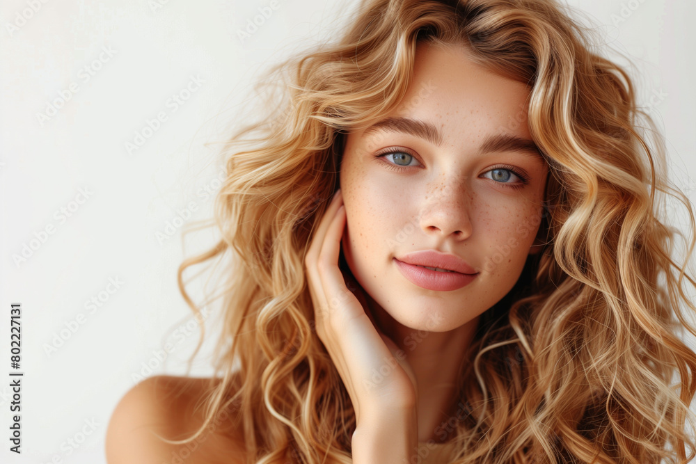Portrait of a blond Woman with Radiant Skin and beautiful hair on White Background Portrait of a blond Woman with Radiant Skin and beautiful hair on White Background