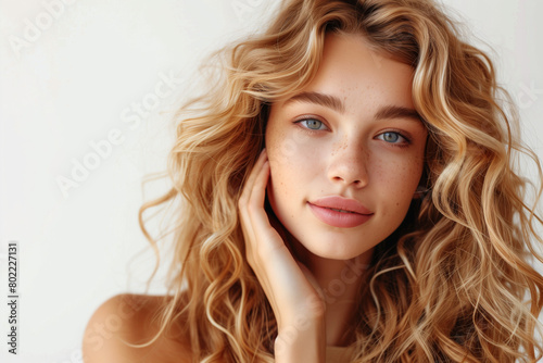 Portrait of a blond Woman with Radiant Skin and beautiful hair on White Background