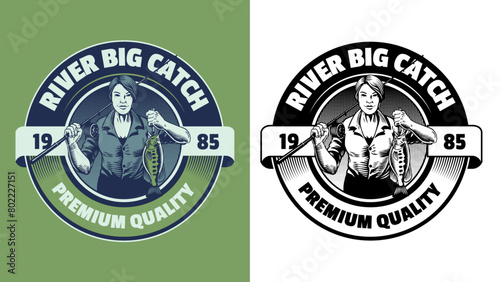 Lady Catching Big Bass Badge Design Logo
