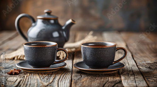 Cups and teapot with hot beverage on wooden table photo