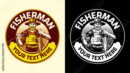 Old Fisherman Catching Fish Logo Vintage Style