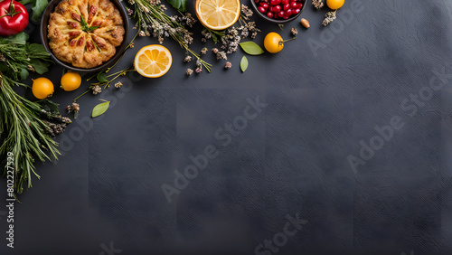 Assorted Fruits, Baked Pie, and Plant Decorations on Dark Background - Versatile Background. Perfect for: Various Designs, General Backgrounds, All-Purpose Graphics. Copy Space. photo