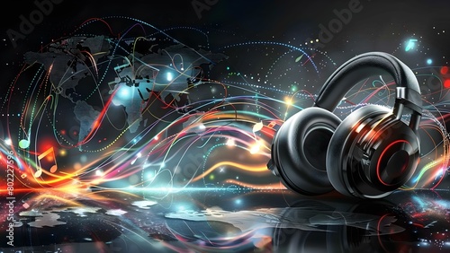 Vibrant Abstract Music Banner Featuring Headphones, Instruments, and World Map Design. Concept Abstract Music, Vibrant Banner, Headphones, Instruments, World Map Design photo