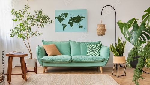 Stylish scandinavian living room interior with design mint sofa, furnitures, mock up poster map, plants, and elegant personal accessories. Home decor. Interior design. Template photo