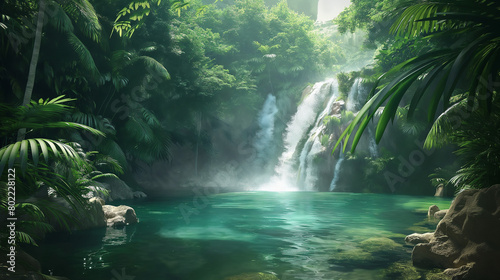 A majestic waterfall cascading down rocky cliffs into a crystal-clear pool surrounded by lush forest