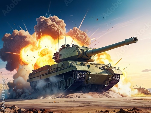 An AI tank design where an explosion appears in the background as if the tank is at war