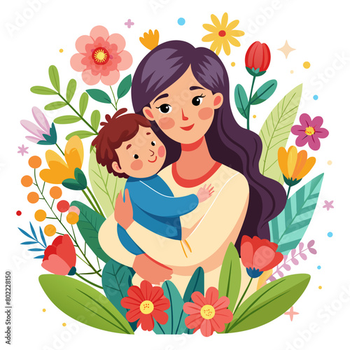 Mother's loving embrace of her precious baby against a backdrop of whimsical flowers