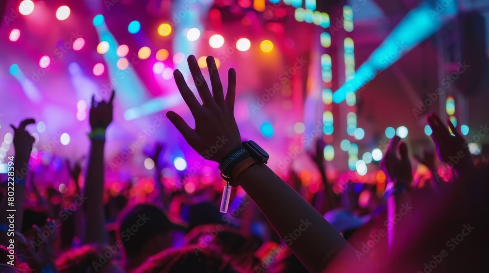 A large crowd of people at a concert raising their hands in excitement and enjoyment.