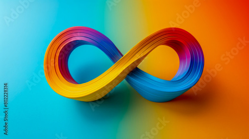 Sign of an endless rainbow on light blue orange gradient background. Symbol of movement for rights and acceptance of autism. World Autism Awareness, Neurodiversity Day. Neuro disorder. Copy space.