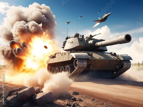 An AI tank design where an explosion appears in the background as if the tank is at war