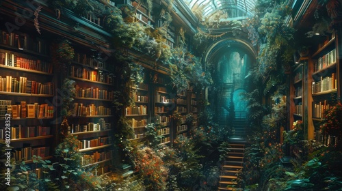 Enchanted Overgrowth  Digital Concept Art of a Fantasy Library with Generative AI Elements
