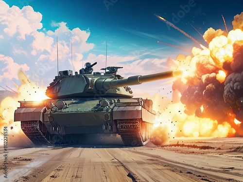 An AI tank design where an explosion appears in the background as if the tank is at war