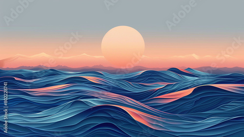 Design an AI-generated illustration that conveys the captivating beauty of ocean waves, with colors transitioning harmoniously from azure to deep navy, evoking a sense of rhythmic motion.