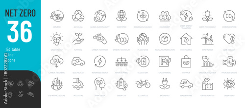 Net Zero Line Editable Icons set. Vector illustration in modern thin line style of ecology related icons: recycling, carbon absorbing, green energy, and more. Isolated on white.