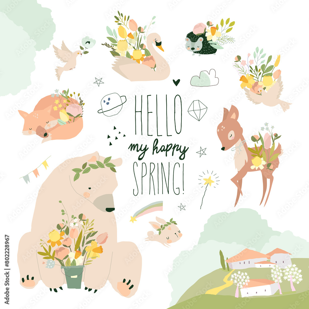 Vector Set of Cute Animals with Spring Flowers