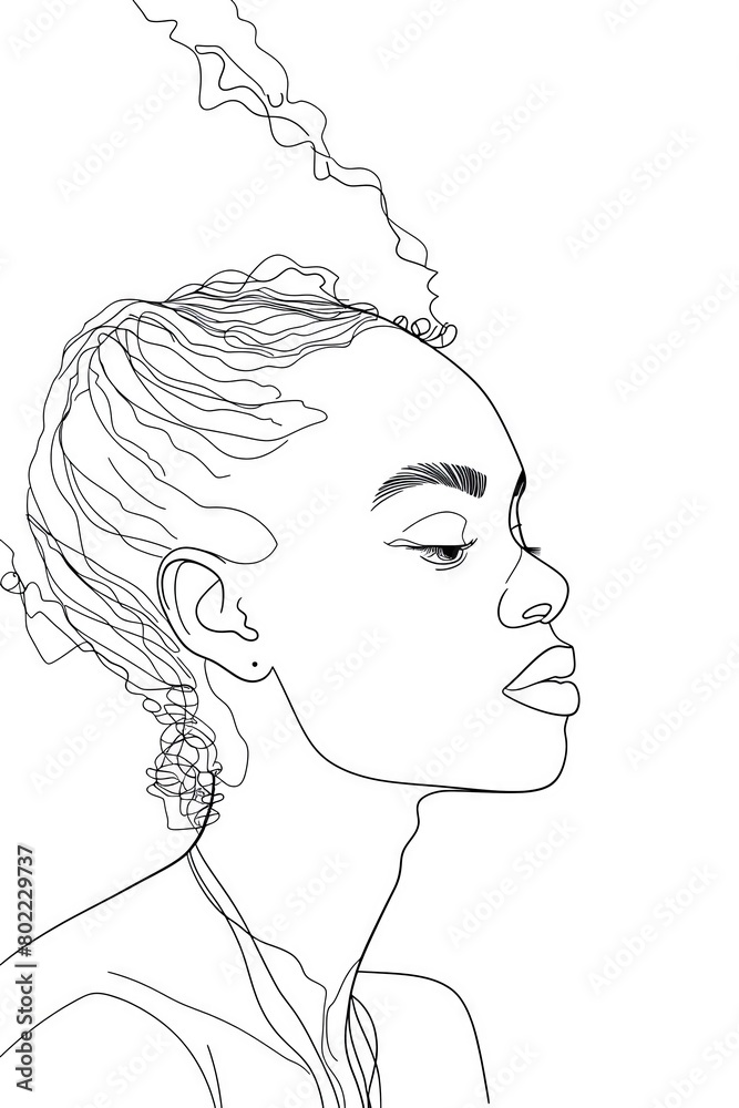 A line drawing of a woman's face in profile. The woman is looking to the right of the frame. She has long, curly hair that is pulled back in a bun. She is wearing a simple dress with a high collar. Th