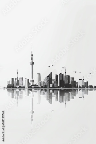 A minimalist black and white drawing of the Toronto skyline.