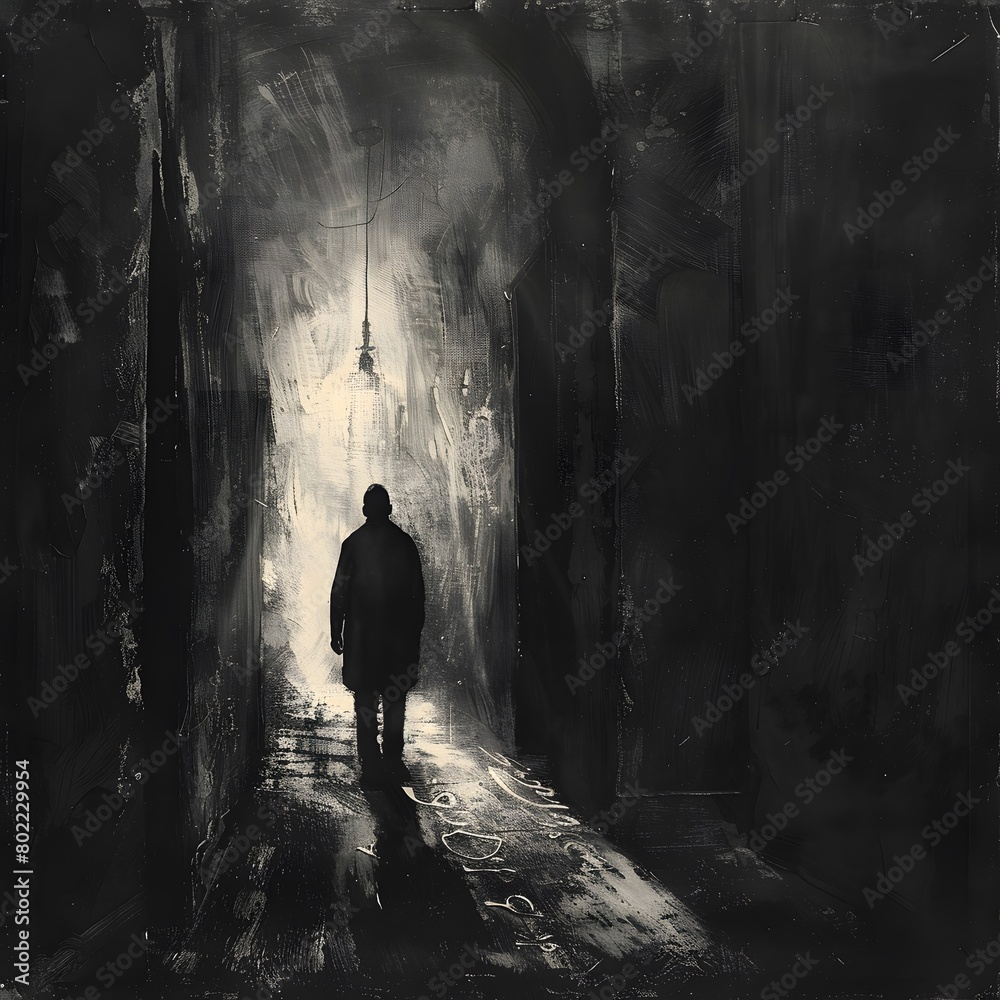 Dark, grungy tunnel with a lone silhouette walking towards the light Dark, grungy tunnel with a lone silhouette walking towards the light