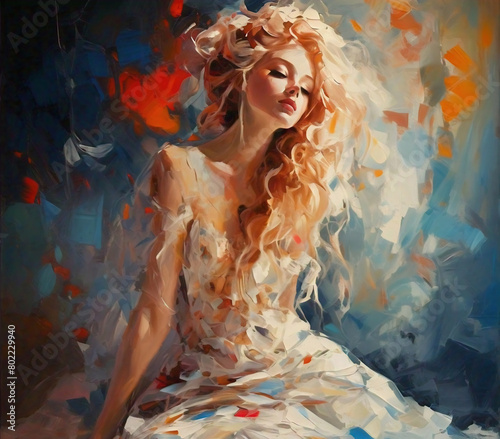 Oil painting portrait of a beautiful blonde woman in white dress with long curly hair and makeup.