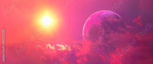Design an AI-generated digital artwork featuring a celestial phenomenon against a vibrant sunset gradient background, blending hues of pink and deep purples, evoking a sense of cosmic wonder.