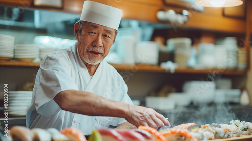 Chef at a traditional Japanese restaurant prepares sushi and fresh fish food. Senior man 70 or 80 years old.