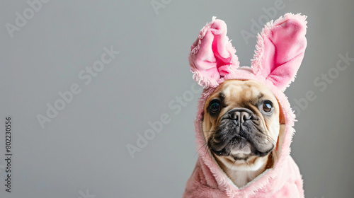 Cute French bulldog in bunny costume on grey background