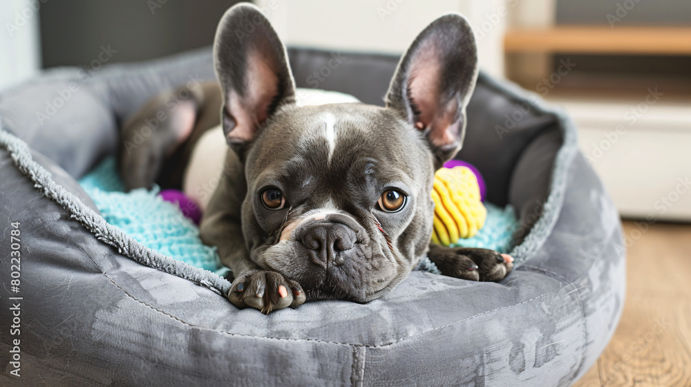 Cute French Bulldog in pet bed with toy at home