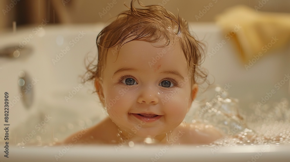 Baby's first bath, gentle washing, close up, cleansing ritual, warm water glow Baby's first bath, gentle washing, close up, cleansing ritual, warm water glow