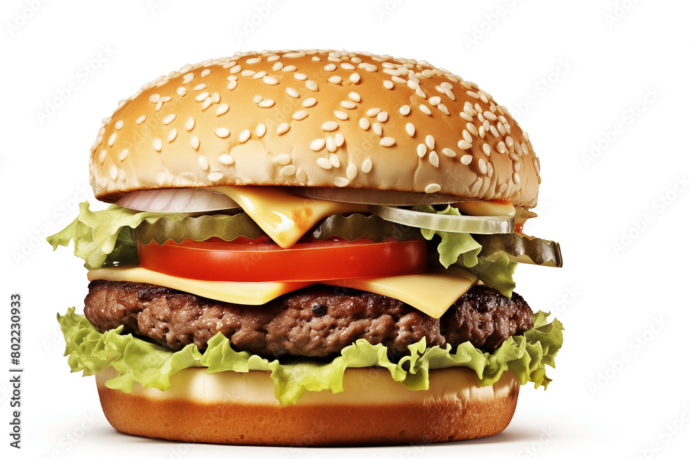 Classic Cheesburger with Fresh Ingredients on White Background Classic Cheesburger with Fresh Ingredients on White Background