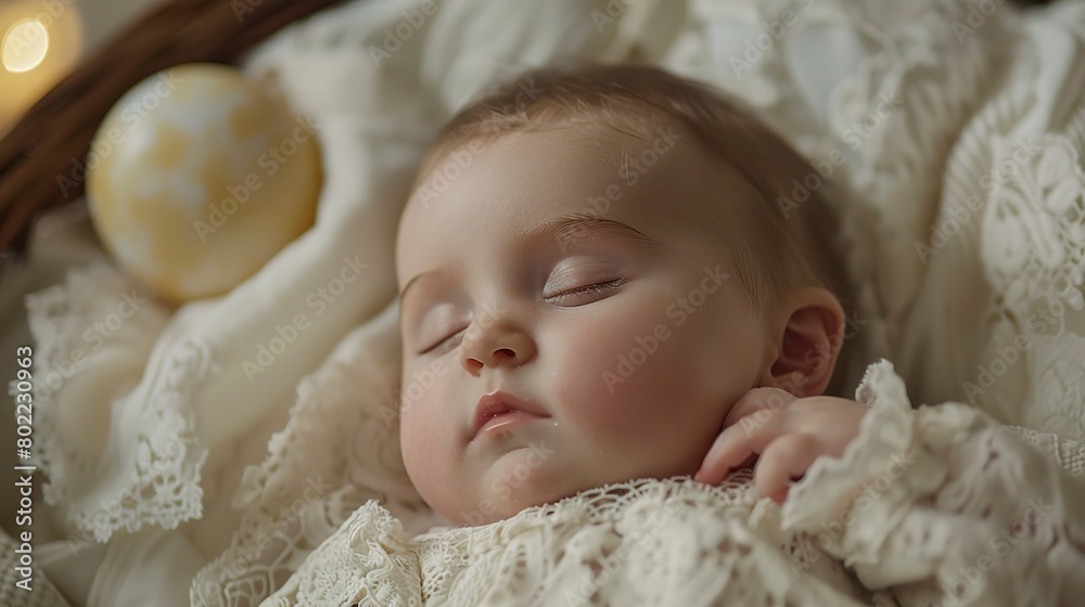 Newborn asleep in bassinet, peaceful slumber, close up, innocence in rest, moonlight caress Newborn asleep in bassinet, peaceful slumber, close up, innocence in rest, moonlight caress
