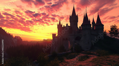 A medieval castle at twilight, its turrets silhouetted against a sky ablaze with the colors of sunset