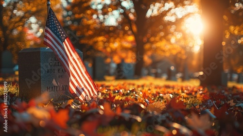 Autumn Tribute: National & Army Flags on Military Gravestone © hisilly