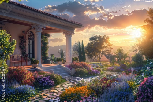 Sunset at the suburban villa--a villa with a sprawling veranda and colorful gardens in the evening glow.