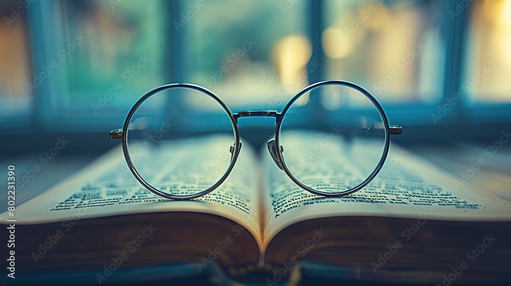 Reading glasses on a book, paused moment, close up, leisure in later years, soft window light Reading glasses on a book, paused moment, close up, leisure in later years, soft window light