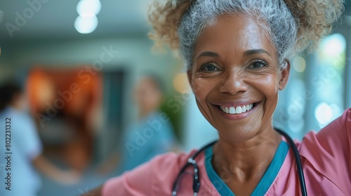 Nurse assisting senior with exercises, encouragement in motion, close up, path to mobility, soft focus 