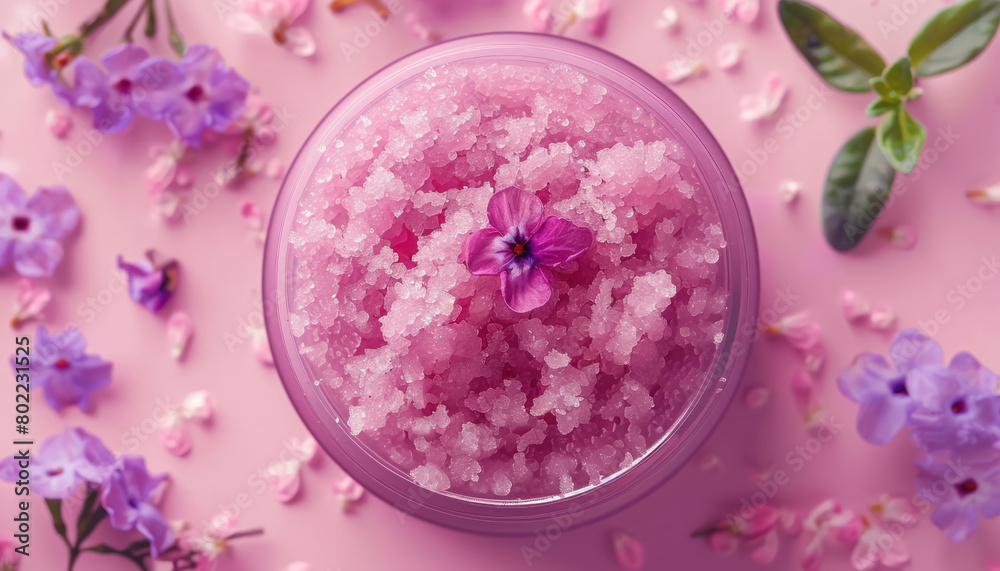 natural pink crystal body scrub in container with fresh flowers