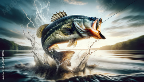 Largemouth bass dramatically leaping from the water