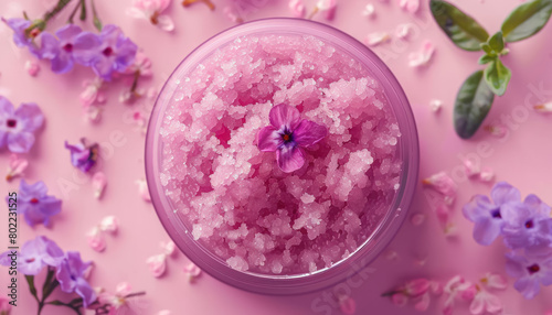 natural pink crystal body scrub in container with fresh flowers