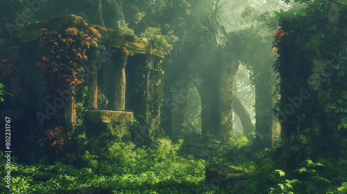 A mystical forest clearing with ancient ruins partially covered in moss and surrounded by vibrant foliage. © muhammad