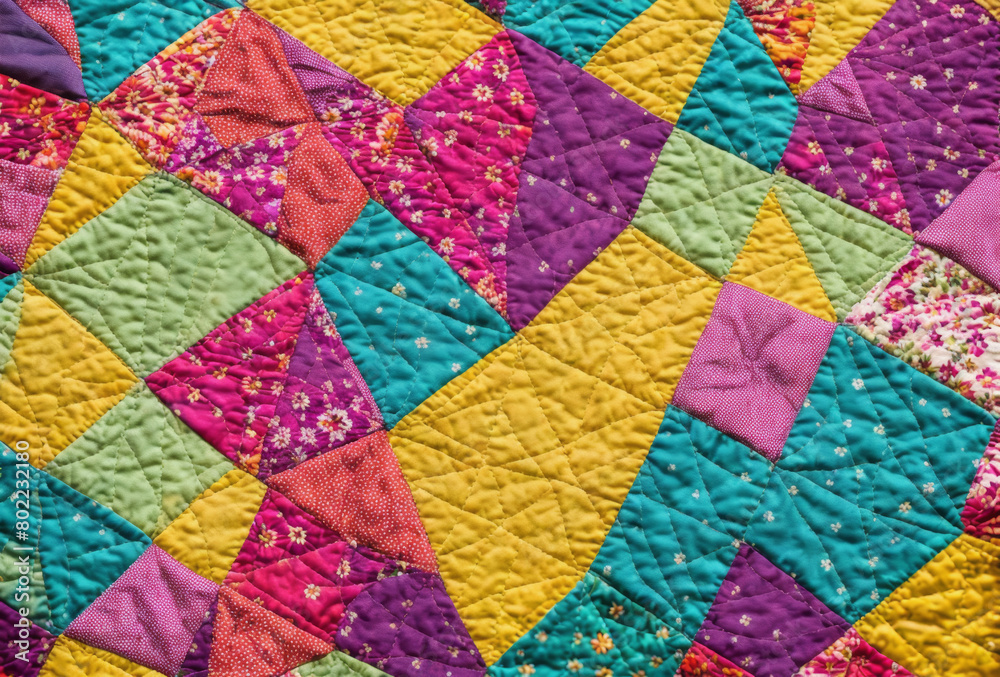 Handmade patchwork quilt with a mix of floral and geometric patterns in vivid colors. AI generated. Handmade patchwork quilt with a mix of floral and geometric patterns in vivid colors. AI generated.