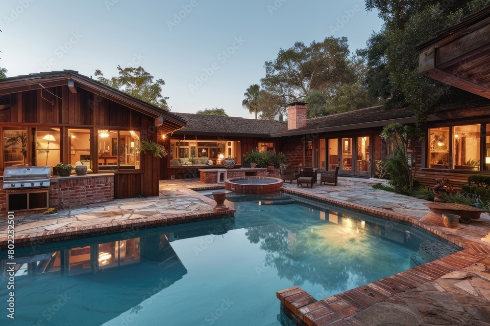 Serene evening scene suburban home with wooden-clad exterior, stone-lined pool, brick barbecue, full view from ceiling to floor.