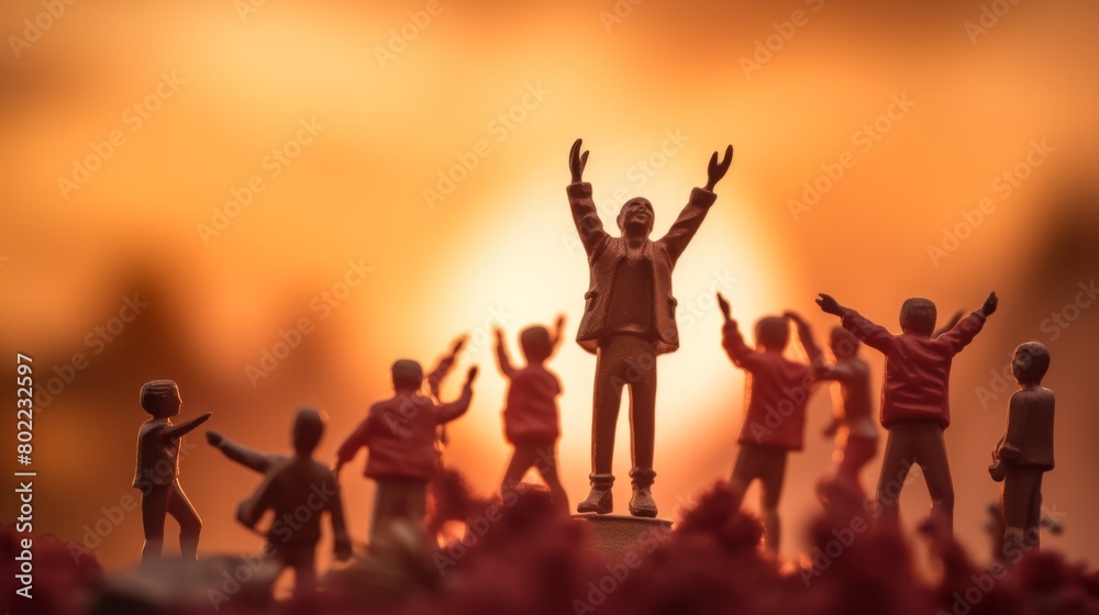 Vibrant Silhouette of Teens Celebrating Success at Sunset: Unity and Joy in Miniature World Photography